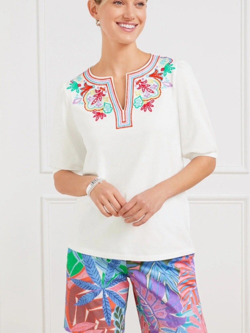 Talbots Embroidered Split Neck Top - Picture 11 of 11